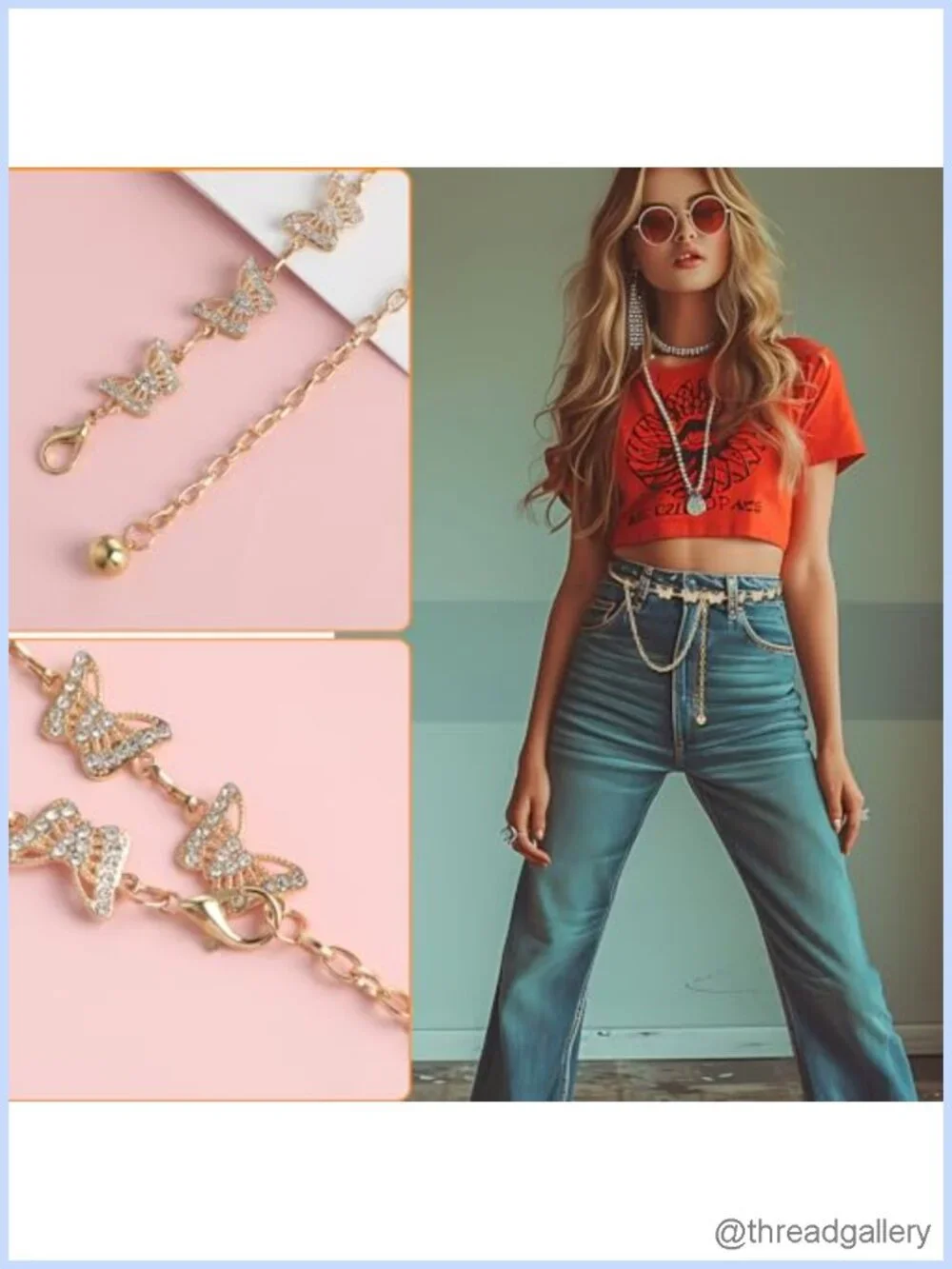 Rhinestone Butterfly Waist Chain Belt Adjustable for Dresses